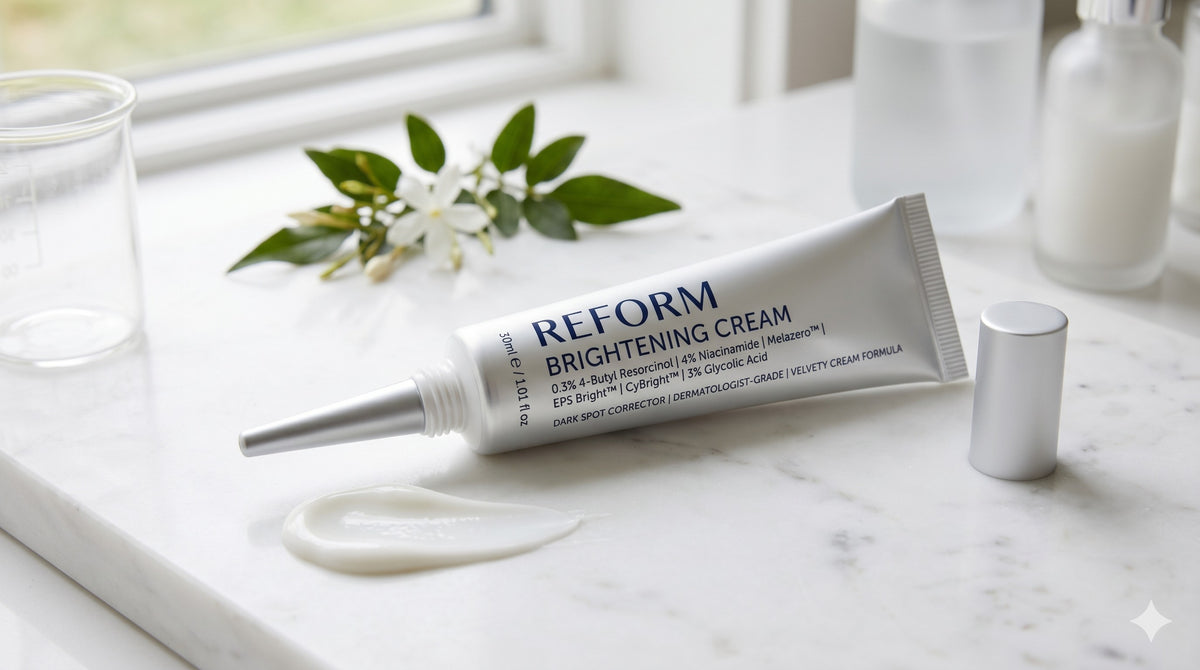Reform Brightening Cream jar on a marble surface with botanicals